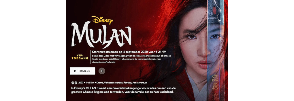 Disney+ vraagt extra betaling van € 21,99 voor bekijken Mulan